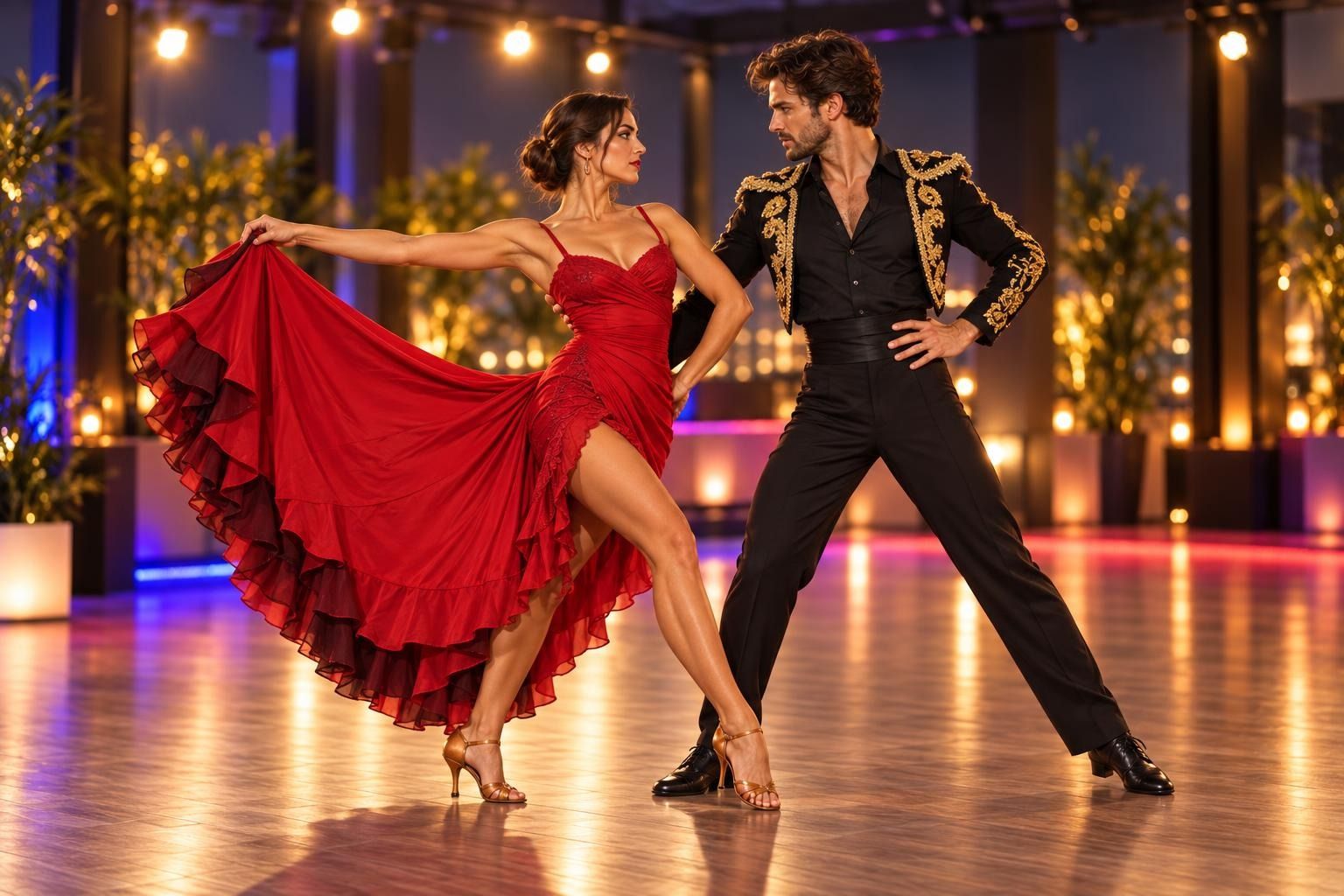 A European-looking couple around 30 in a studio striking a Pasodoble pose, the man in a proud matador stance and the lady sweeping her skirt out to one side like a cape