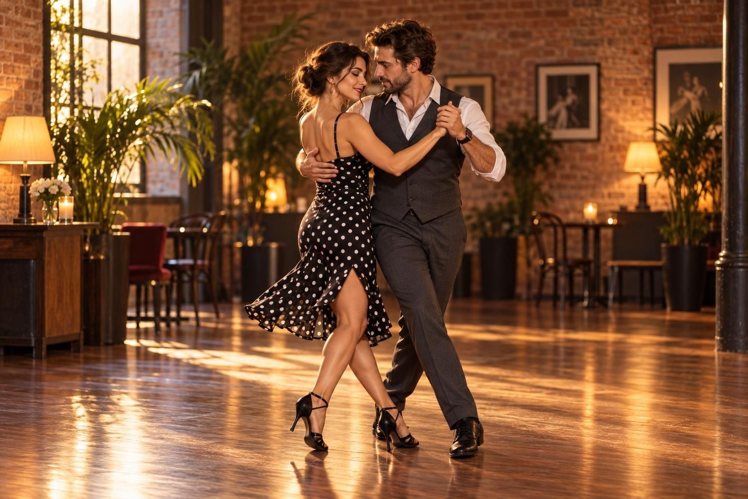 A European-looking couple in their early thirties dancing Argentine Tango in a warm, softly lit room, the man walking forward in a gentle embrace while the lady pivots through an e