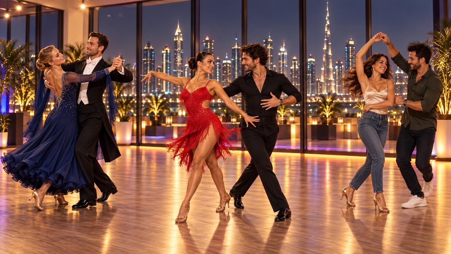 Ballroom couple in a Tango promenade position at a dance studio in Dubai
