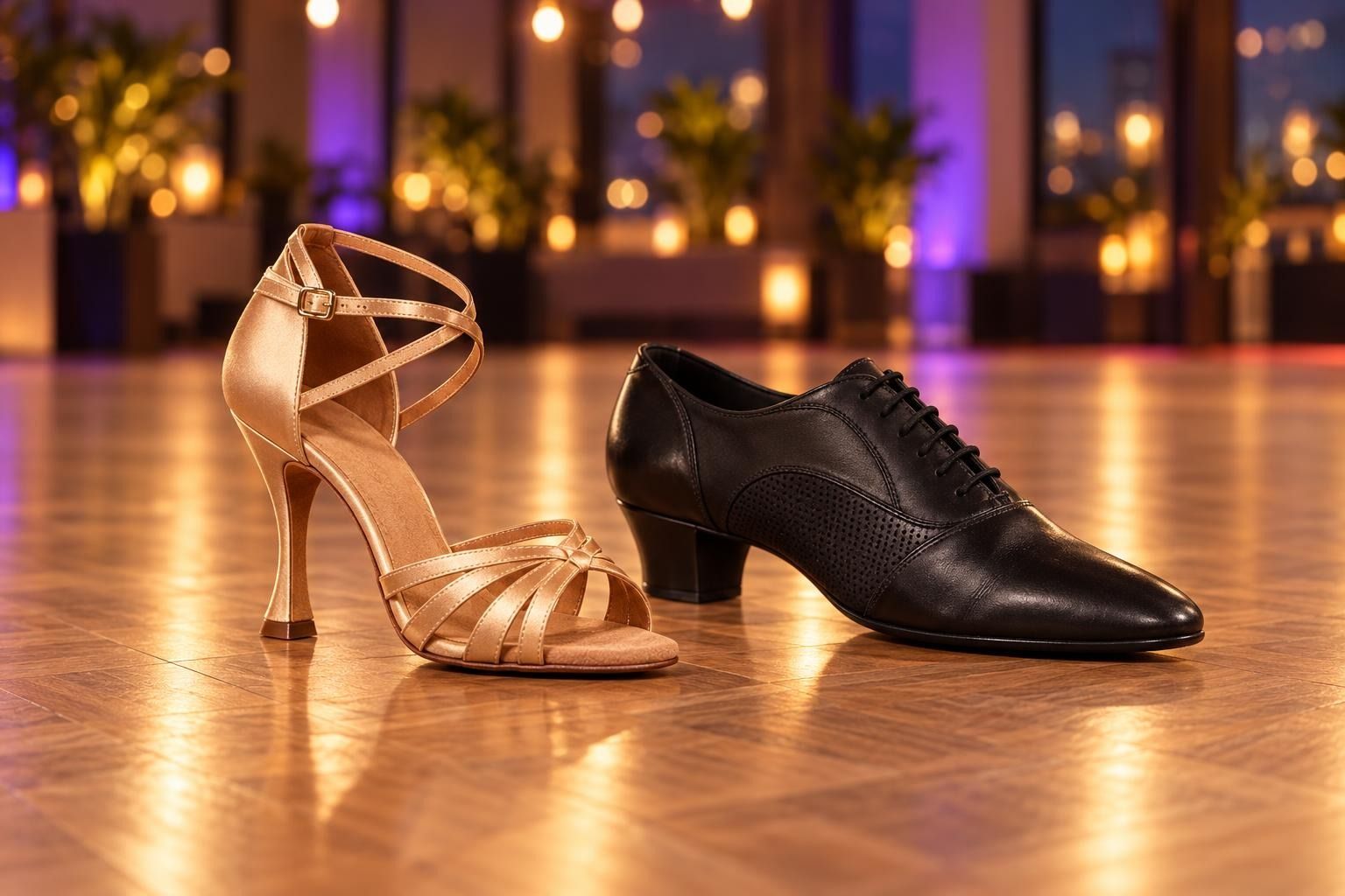 Close-up of a lady's foot in an open-toe Latin sandal, toes reaching the front edge, pressing into the studio floor in a pointed Rumba walk, her partner's black Latin sho
