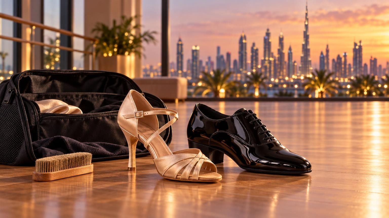 Dancer fastening the ankle strap of Latin dance shoes before a Ballroom lesson in Dubai