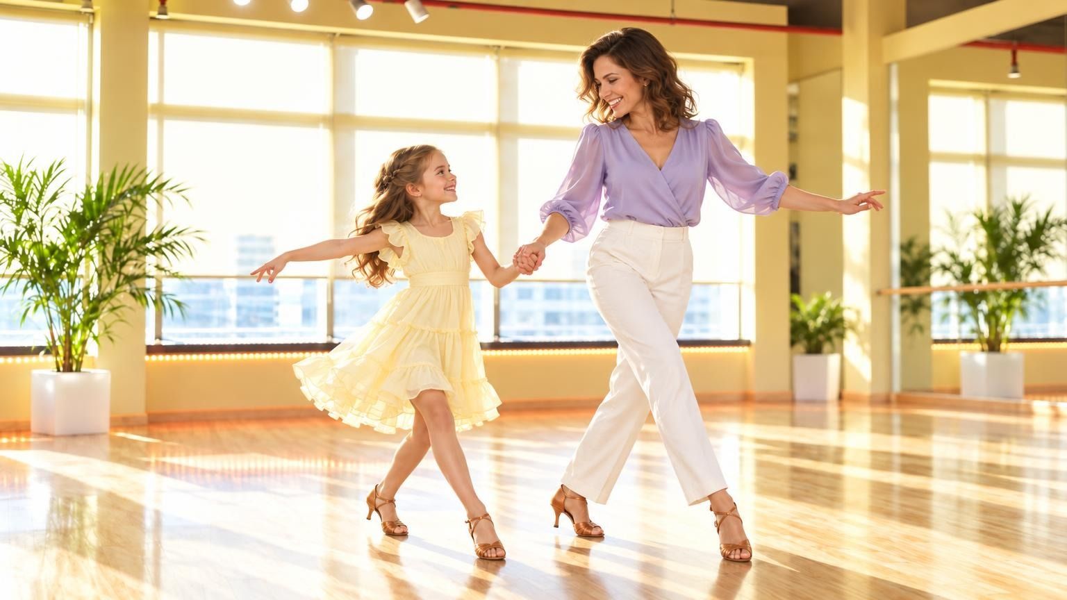 A European-looking mother around 35 and her daughter of about 8 holding hands and laughing as they dance a playful Cha-Cha-Cha step together in a bright studio