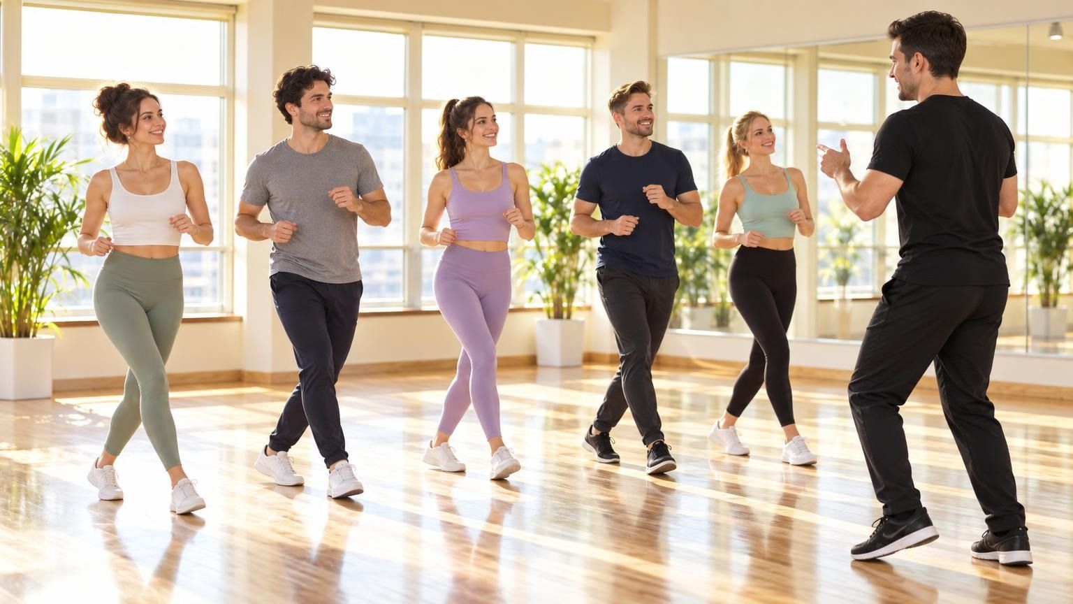 A small group of European-looking adults aged 25 to 35 standing in a row in front of a studio mirror, all practising the same Salsa basic step on the left foot while a teacher coun
