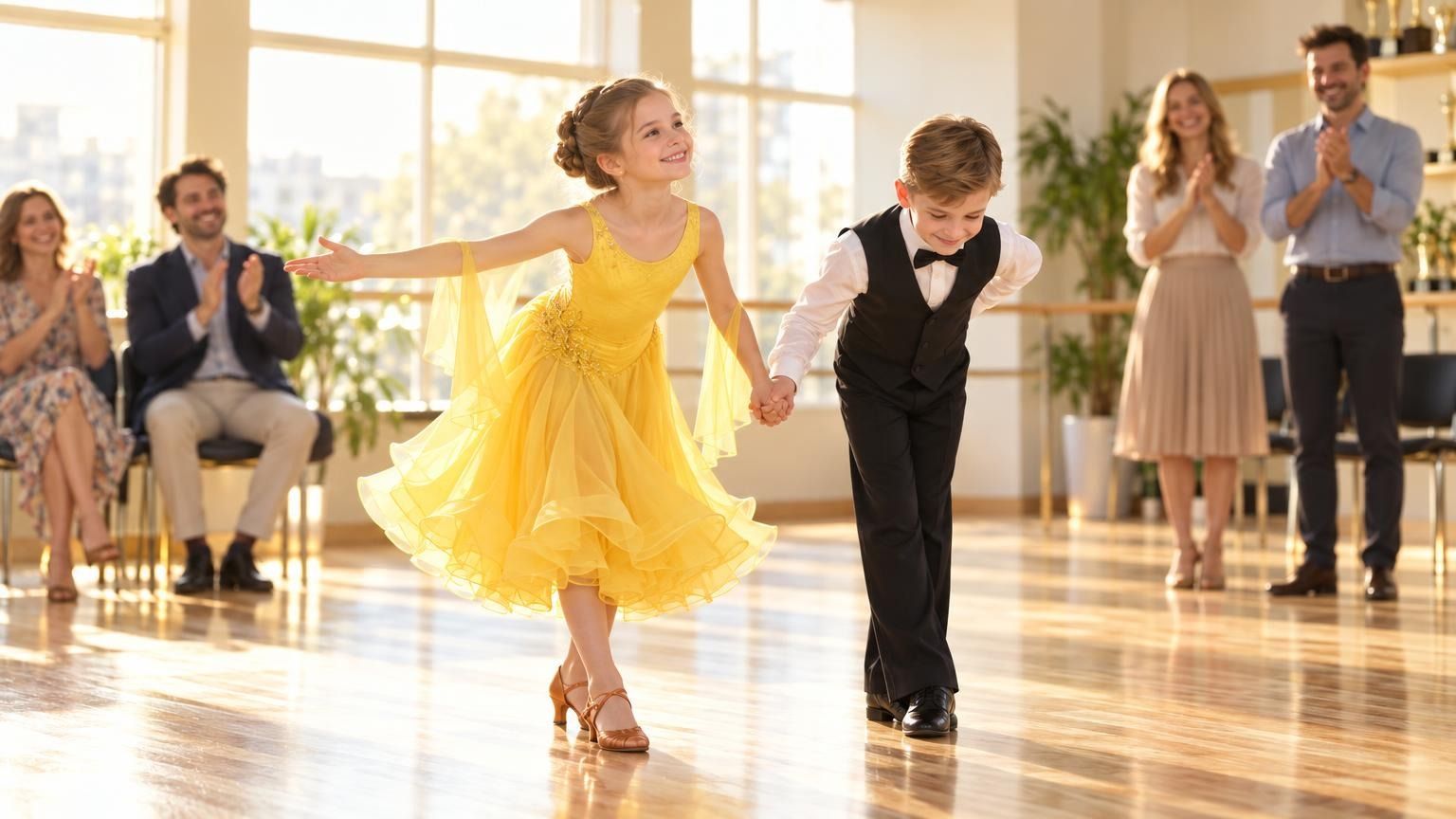 A girl and a boy of about nine in children's ballroom outfits taking a bow at the end of a small studio showcase, parents in the background applauding