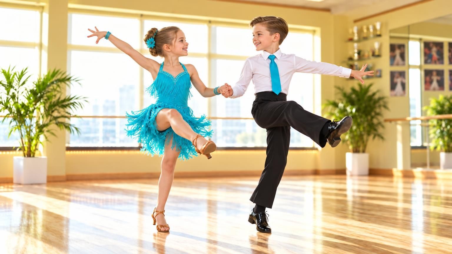 Two children dancing a Jive kick side by side in a kids dance class in Dubai