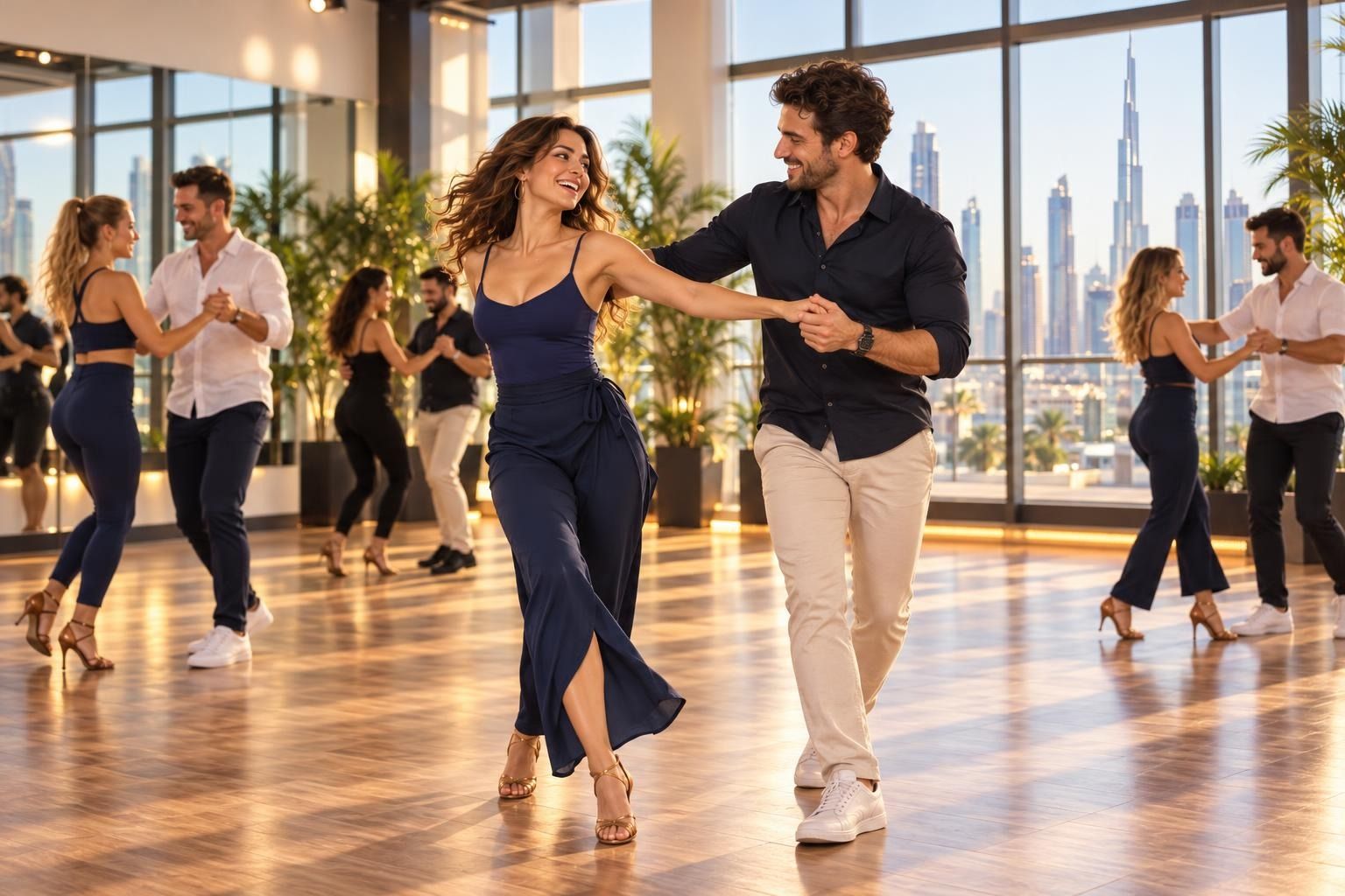 A woman in her late twenties laughing as her coach leads her into a cross body lead during a beginner Salsa lesson in a bright Dubai studio with large windows