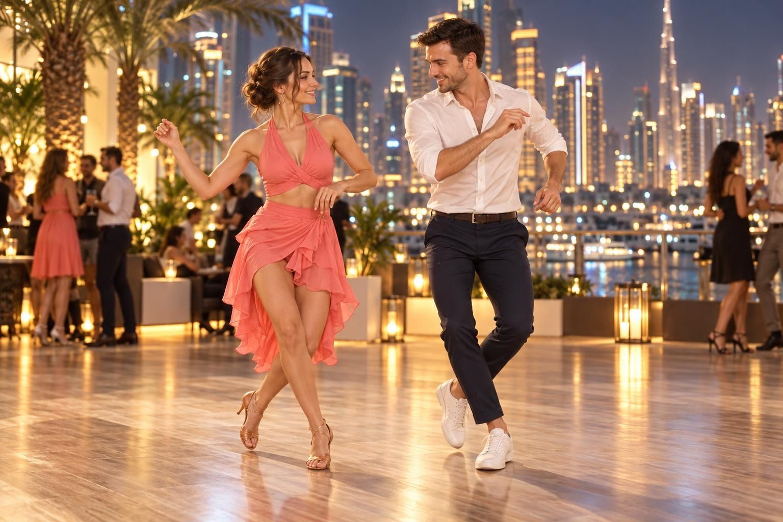 A couple in their early thirties at an evening social dancing a playful Salsa shine section side by side, footwork mirrored and smiling, warm city lights of Dubai in the background