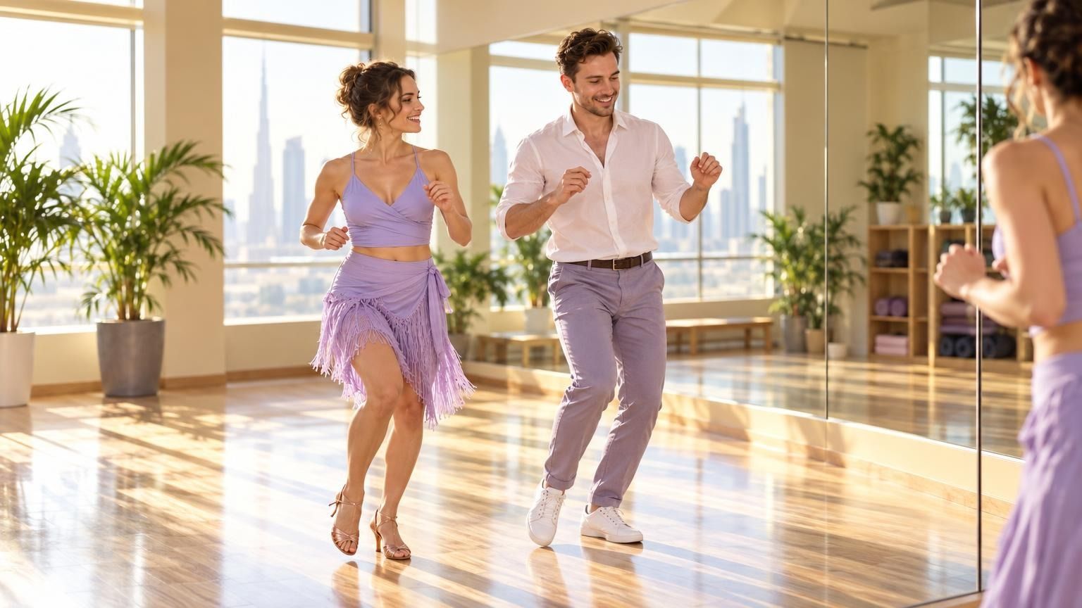 Beginner Salsa class in Dubai: student and coach practising the basic step