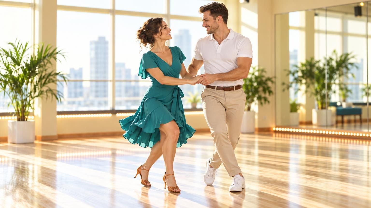 A European-looking couple around 35 dancing a cheerful Merengue side step in a studio, both hands joined at waist height and smiling at each other, warm evening light