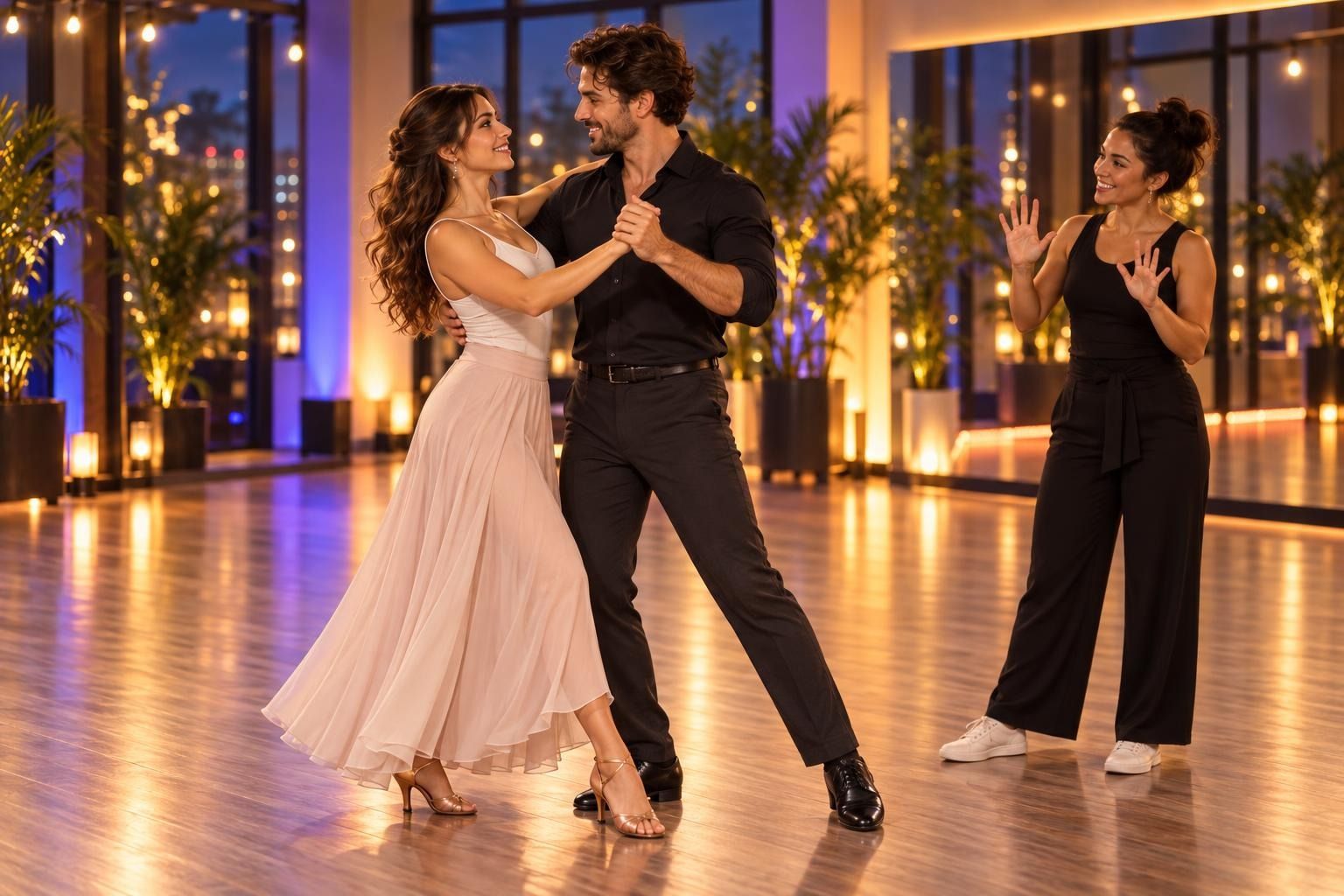A bride-to-be around 28 in a long practice skirt and a groom around 30 rehearsing their opening pose in a bright studio, facing each other with hands joined at chest height, while 