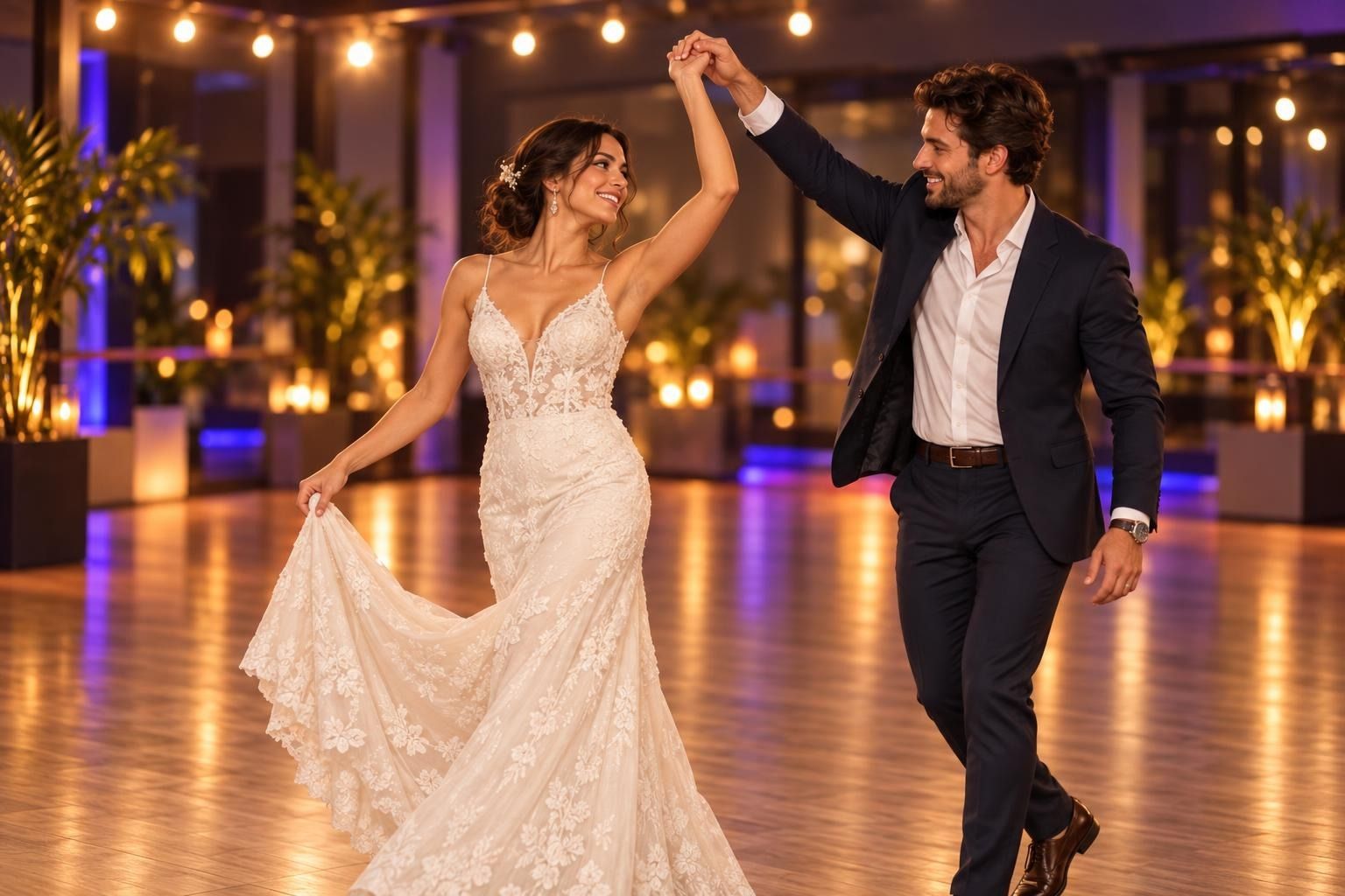 Close-up of a bride's hand holding the train of her wedding dress by a finger loop as the groom gently leads her into a slow turn during a rehearsal, soft studio light