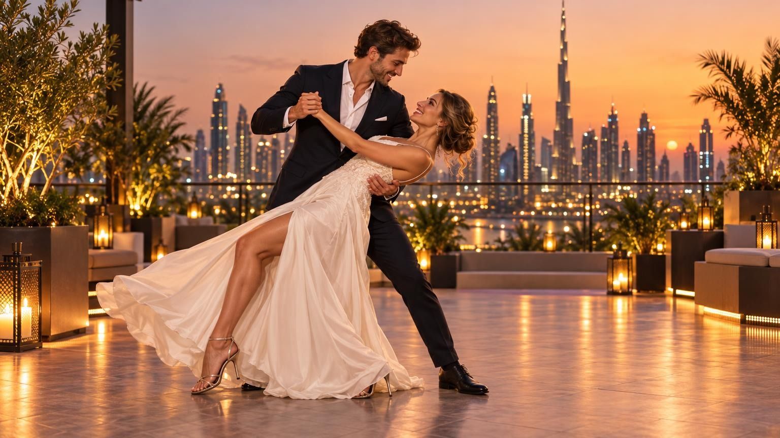 Bride and groom rehearsing a dip for their wedding first dance on a Dubai rooftop at sunset