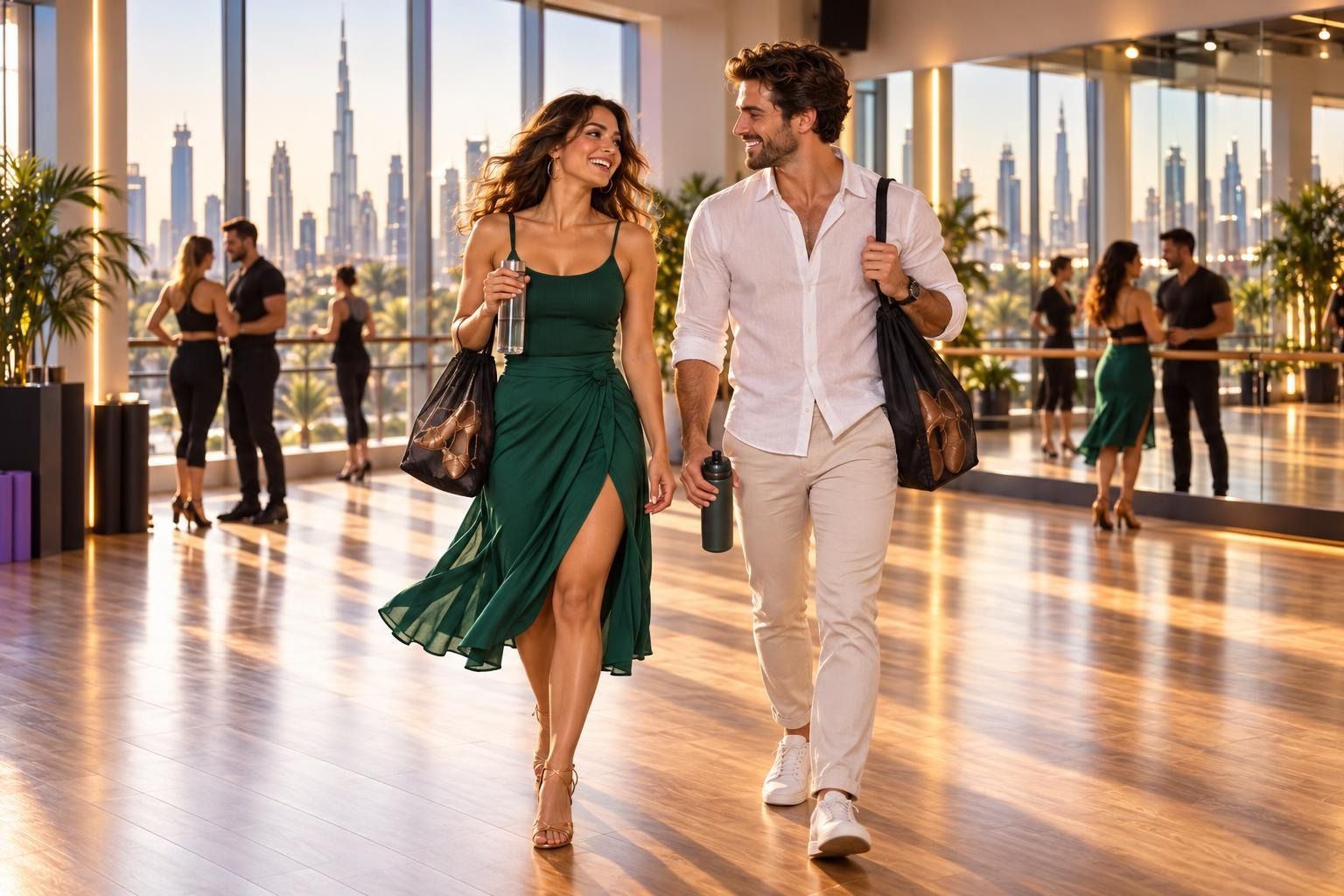 A woman in her late twenties in a flowing midi skirt and fitted top and a man in fitted trousers and a light shirt walking into a bright Dubai dance studio, smiling, holding water 