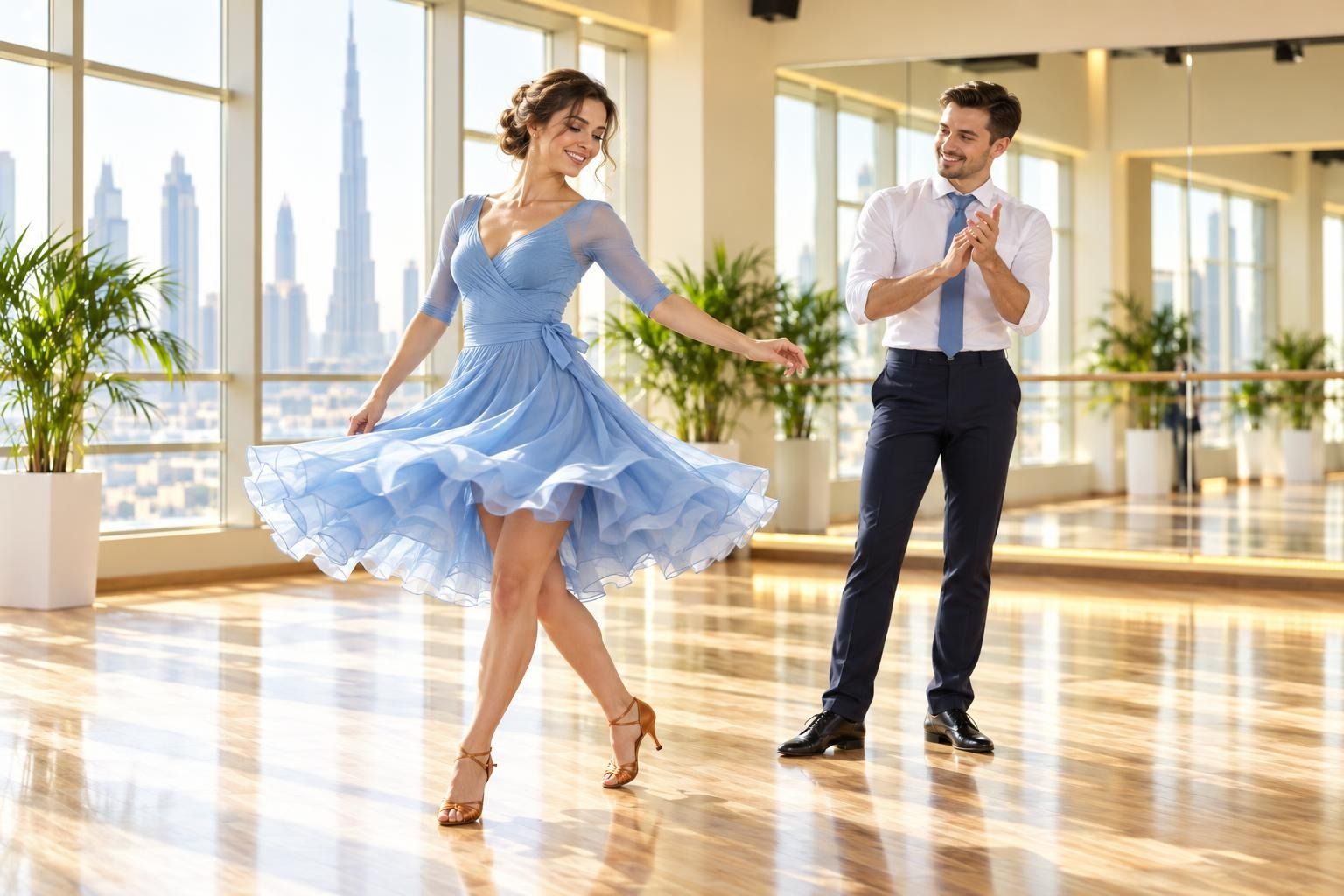 A woman in her late twenties twirling in a knee-length practice skirt to show how it moves while her partner in fitted trousers applauds, bright Dubai studio with mirrors