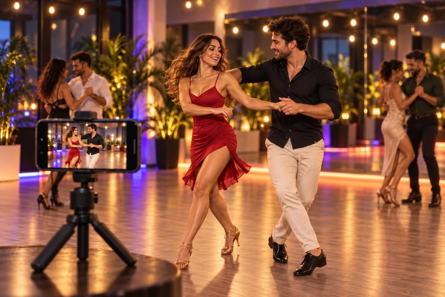Close-up of a smartphone on a small tripod at the edge of a studio dance floor, its screen showing a couple (European-looking, late 20s) mid Salsa cross-body lead as they record th