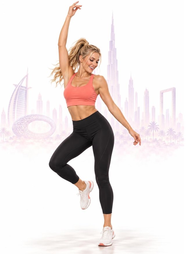 Dance fitness class: three dancers in bright sportswear posing around a chair