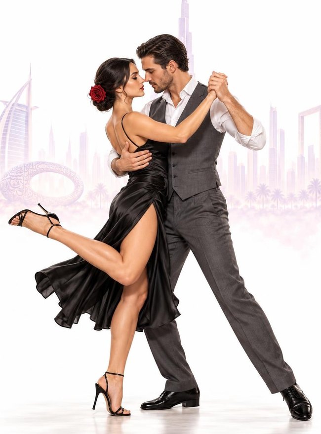 Argentine Tango couple in close embrace, the man in a fedora