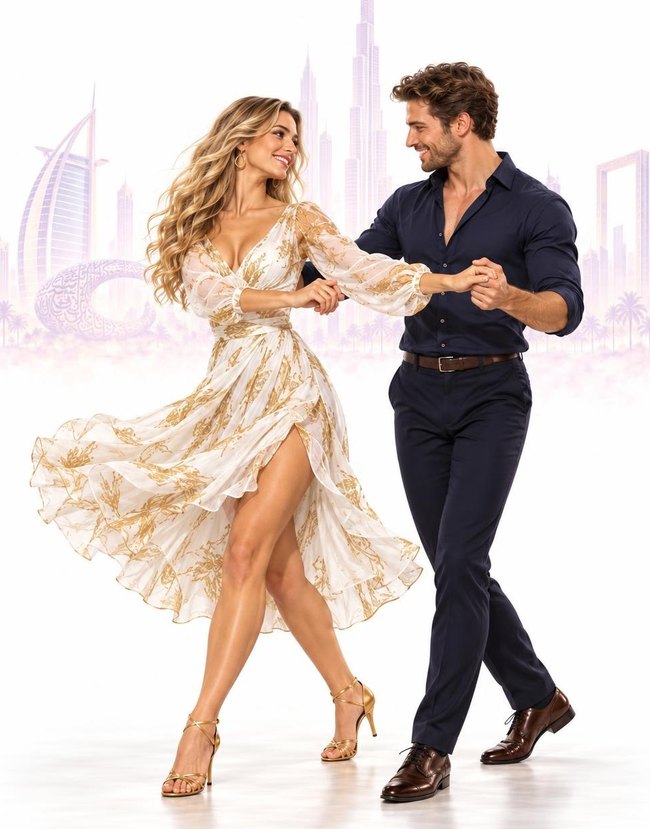 Bachata couple in casual clothes in a playful dip
