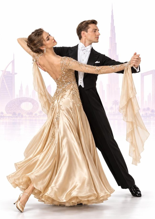 Foxtrot couple gliding across the floor in Ballroom hold