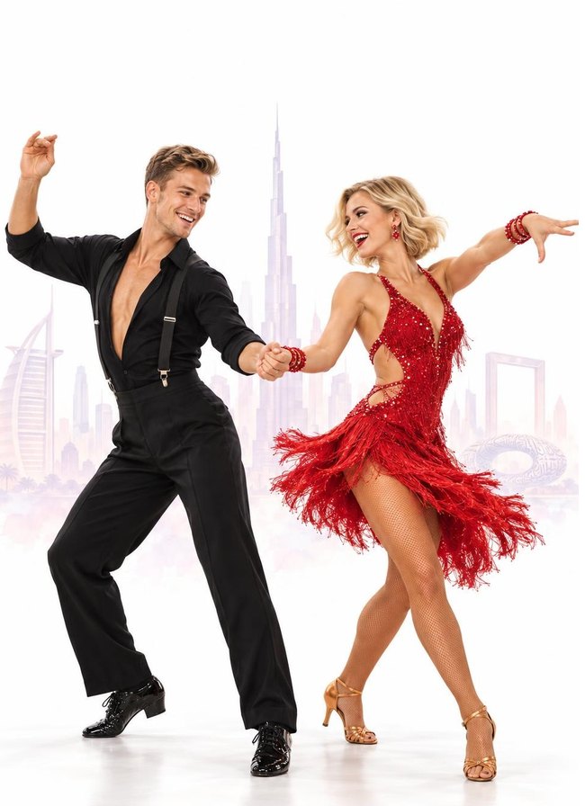 Jive dancer posing with hands on hips, her partner crouching below