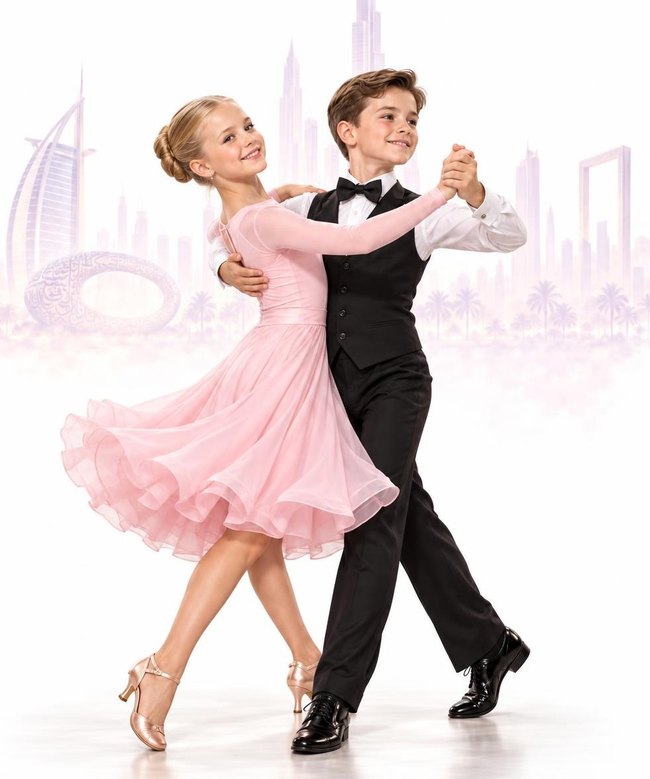 Kids Ballroom dancing: a boy in a red hat supporting a girl in a leg-up pose