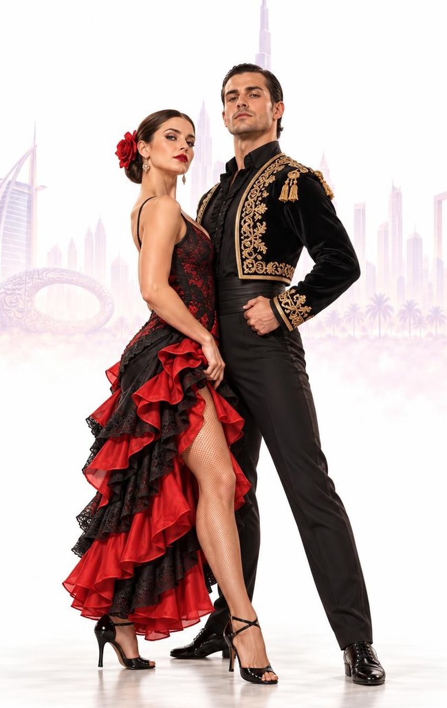 Pasodoble couple in black in a dramatic Spanish-style pose