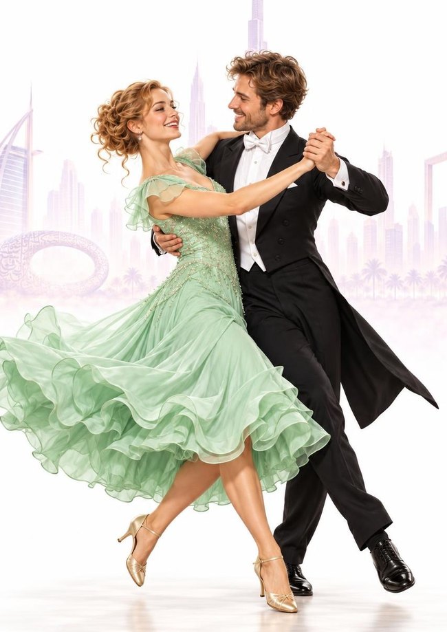 Quickstep couple in a wide travelling step
