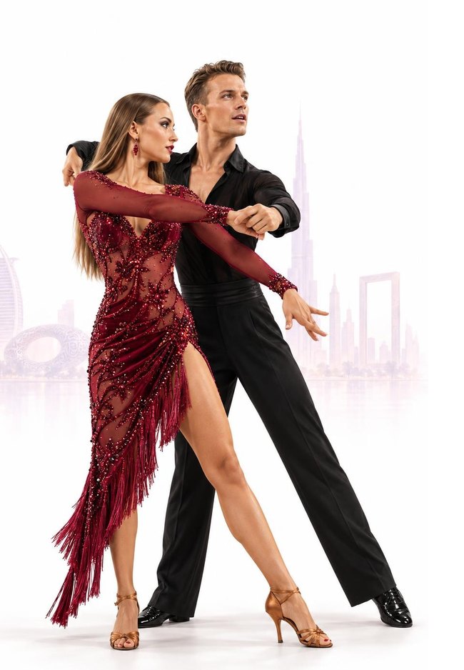 Rumba couple, the woman in a red sequined Latin dress