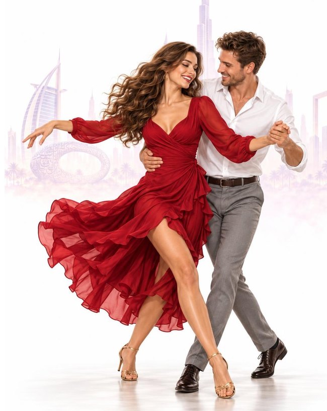 Salsa couple, the woman in a yellow dress leaning back in a deep dip