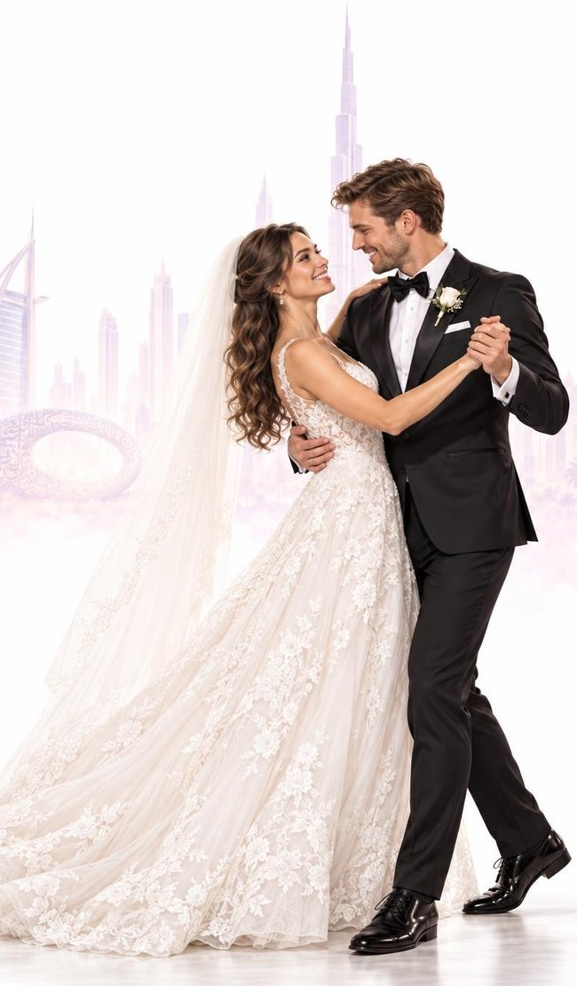 Wedding First Dance: couple in an embrace, the woman in a red tulle gown