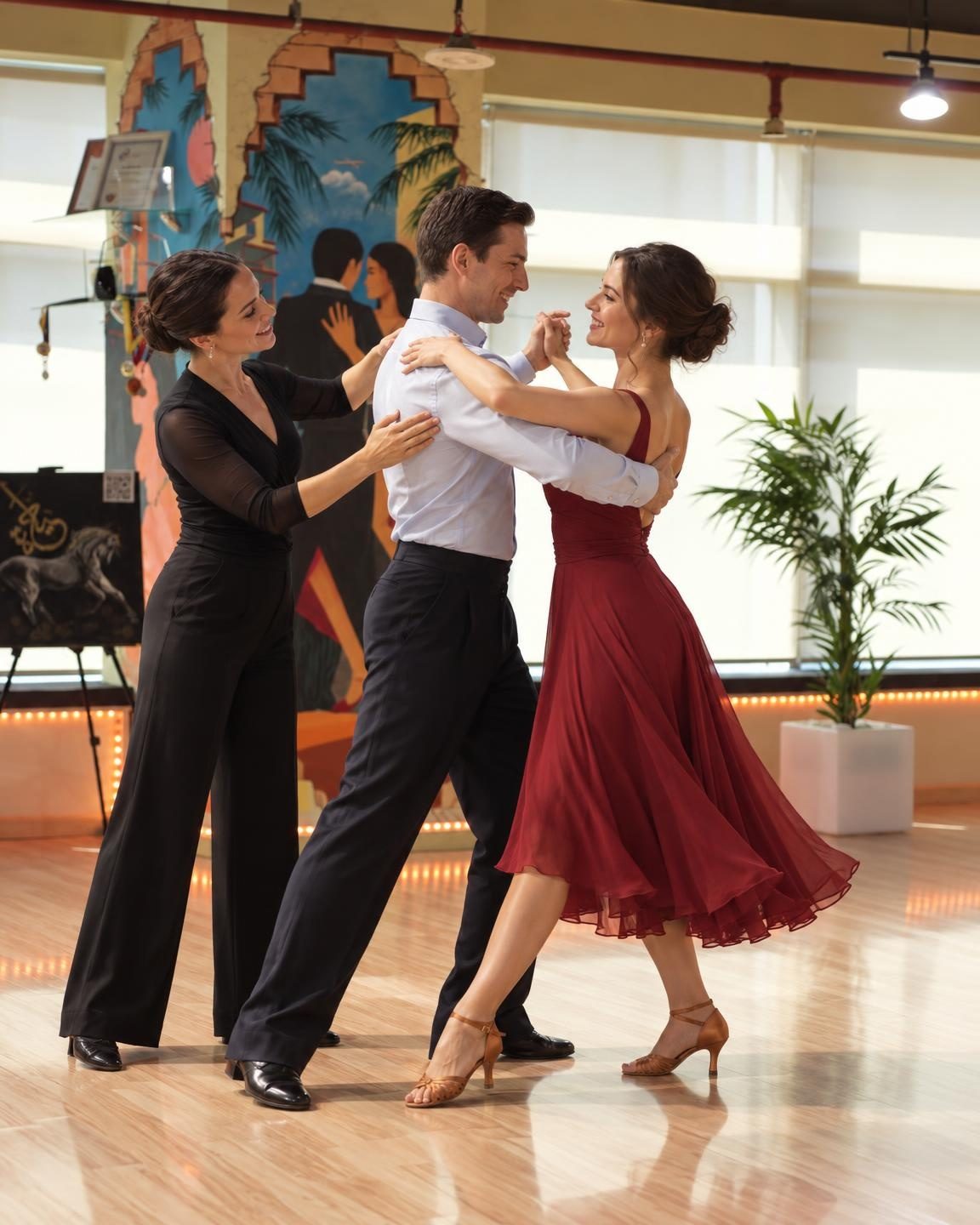 Smiling couple taking a private dance lesson at the Dance For You studio in Dubai